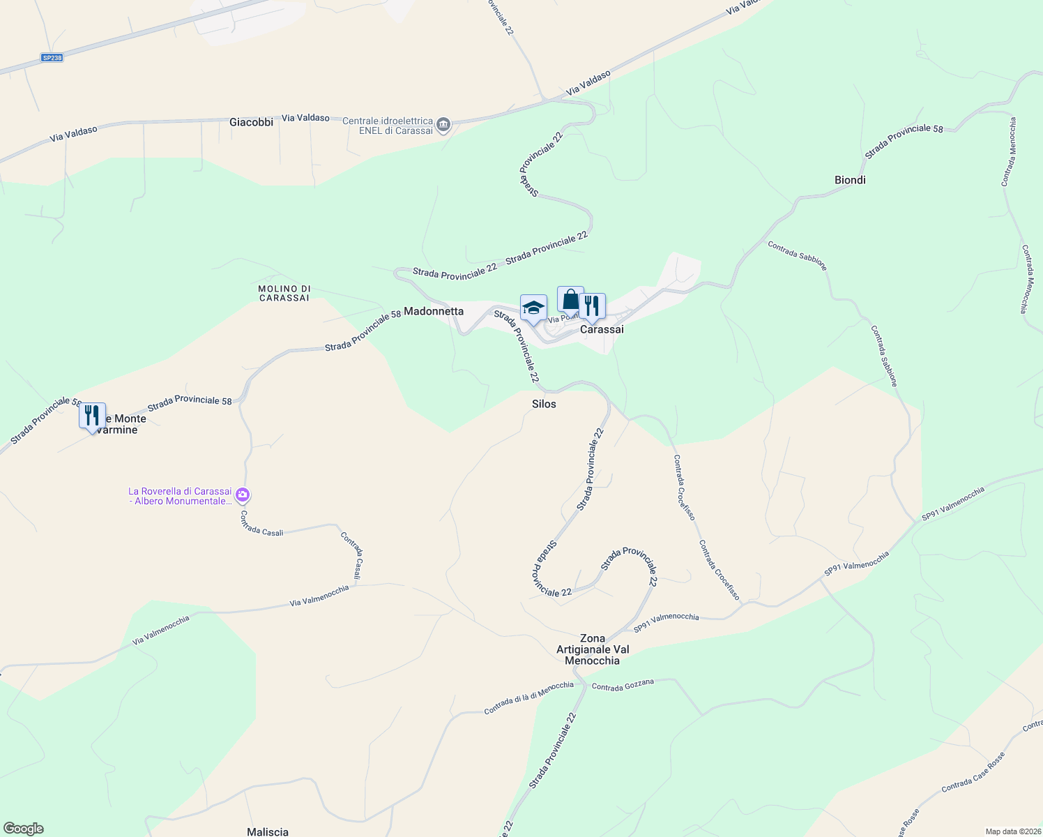 map of restaurants, bars, coffee shops, grocery stores, and more near 41 Contrada Menocchia in Silos