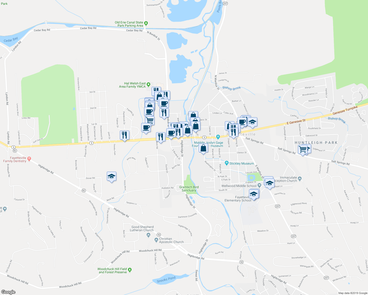 map of restaurants, bars, coffee shops, grocery stores, and more near 201 Highbridge Street in Fayetteville