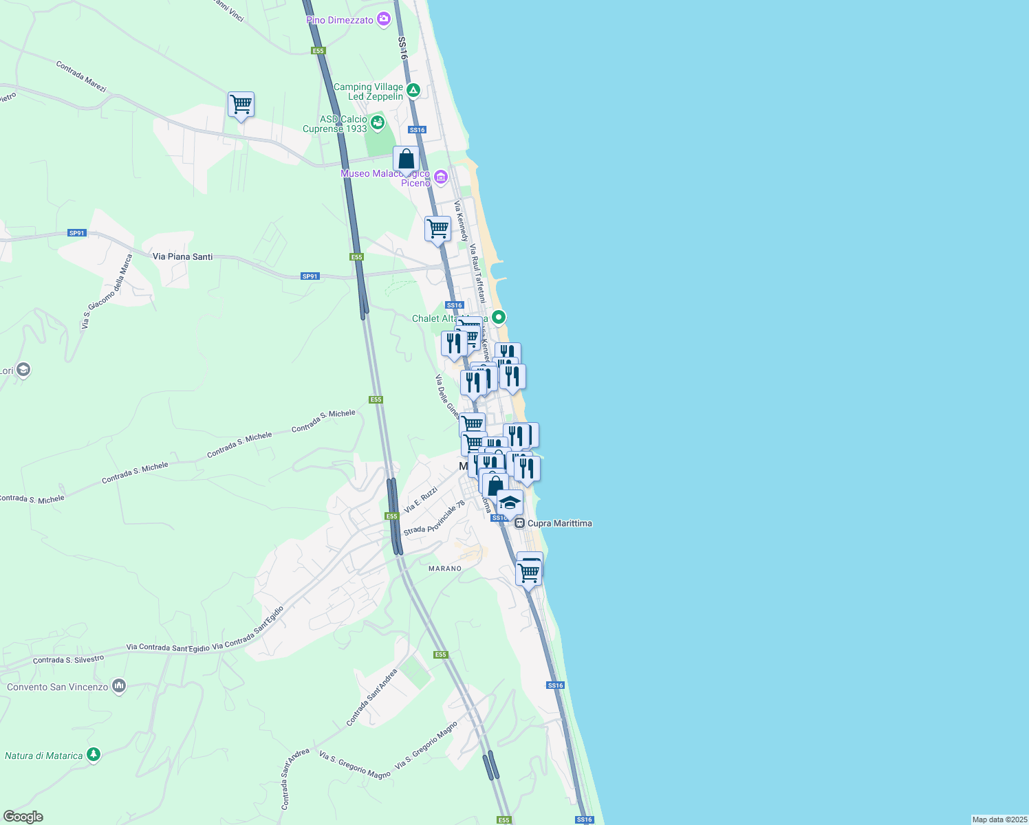 map of restaurants, bars, coffee shops, grocery stores, and more near Viale Giuseppe Romita in Cupra Marittima