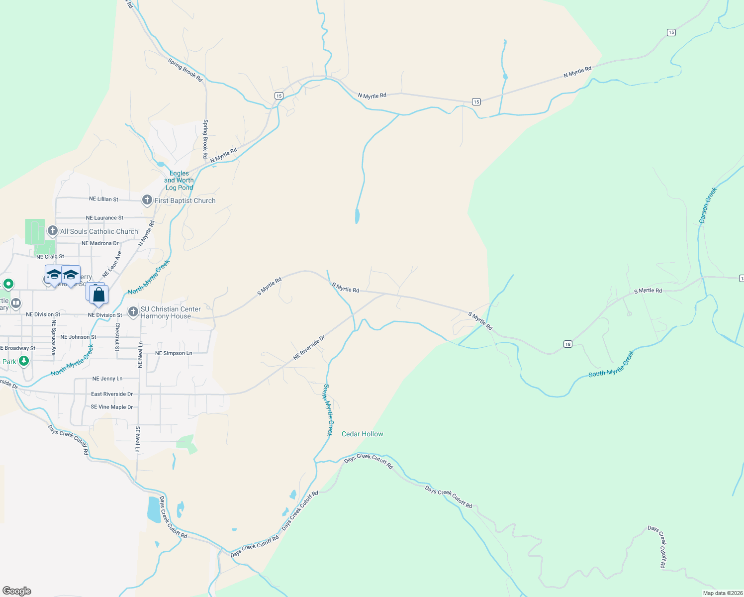 map of restaurants, bars, coffee shops, grocery stores, and more near 2066 South Myrtle Road in Myrtle Creek