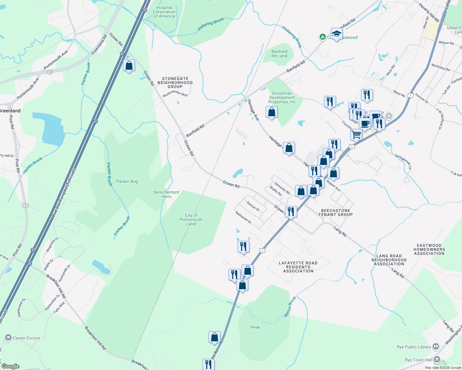 map of restaurants, bars, coffee shops, grocery stores, and more near 385 Ocean Road in Portsmouth