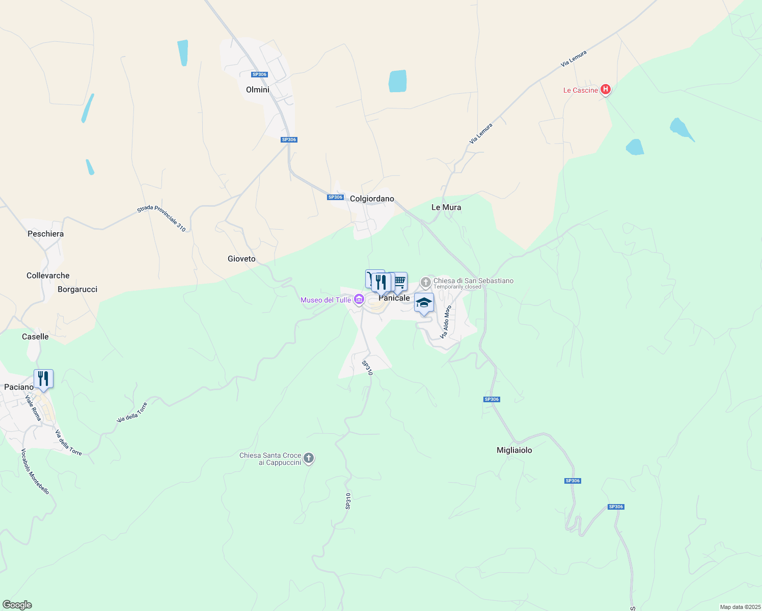 map of restaurants, bars, coffee shops, grocery stores, and more near 141 Via A. Grossi in Panicale