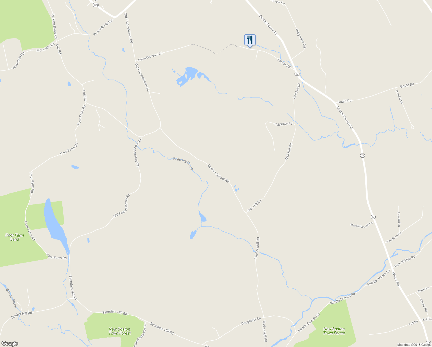 map of restaurants, bars, coffee shops, grocery stores, and more near Buxton School Road in Weare