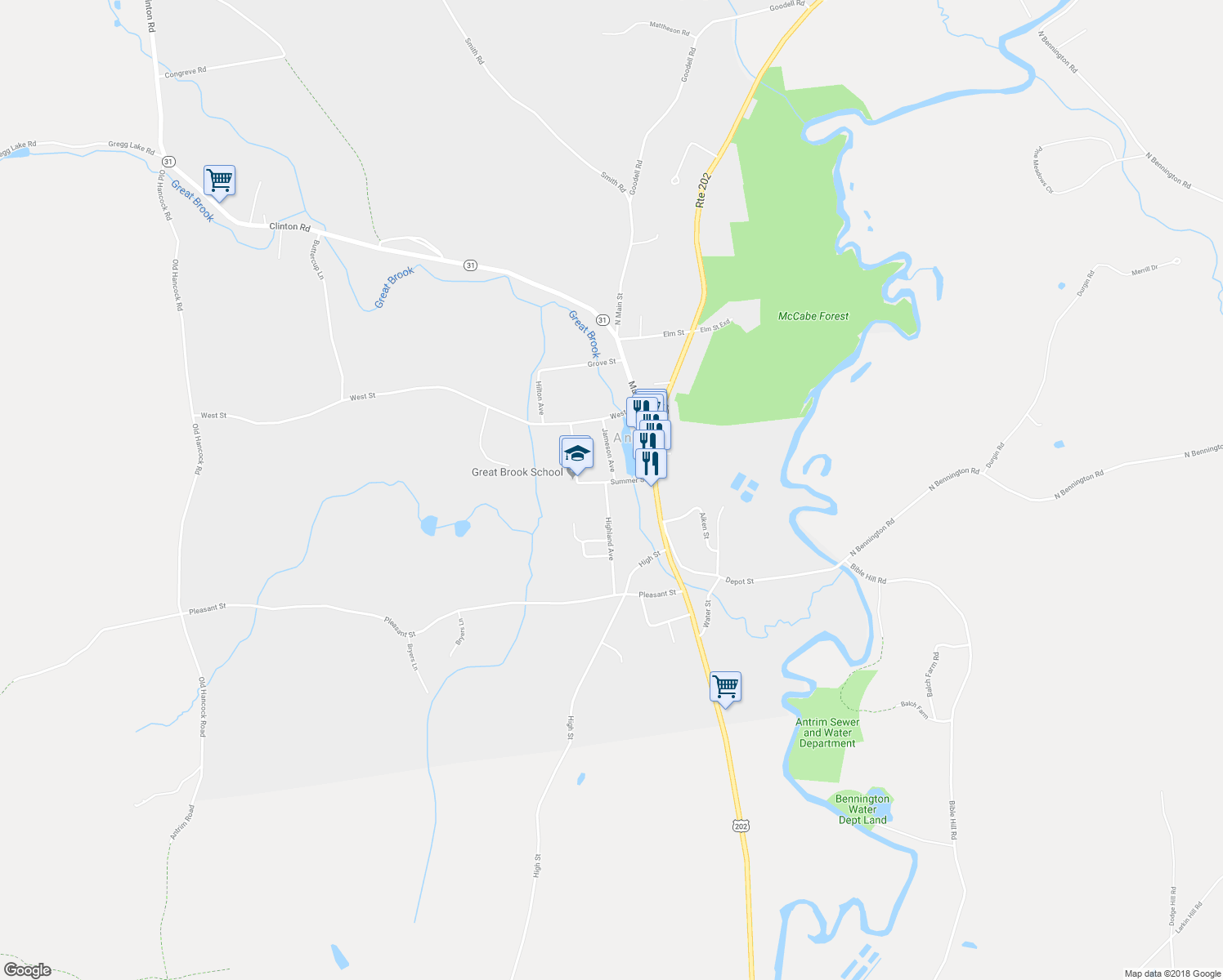 map of restaurants, bars, coffee shops, grocery stores, and more near 14 Summer Street in Antrim