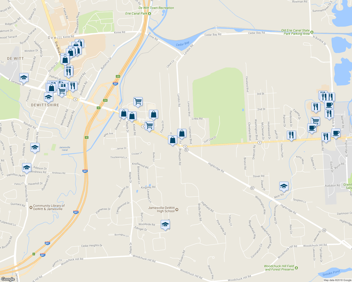 map of restaurants, bars, coffee shops, grocery stores, and more near 6883 East Genesee Street in Fayetteville