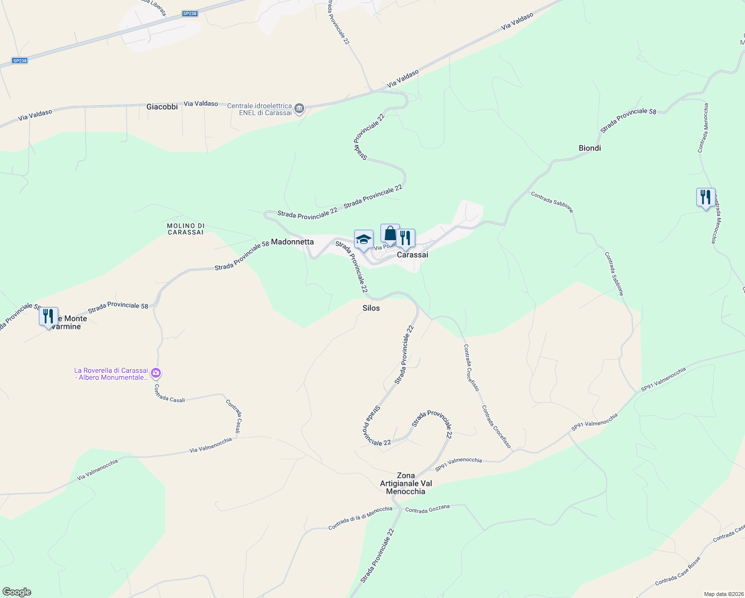 map of restaurants, bars, coffee shops, grocery stores, and more near in Silos