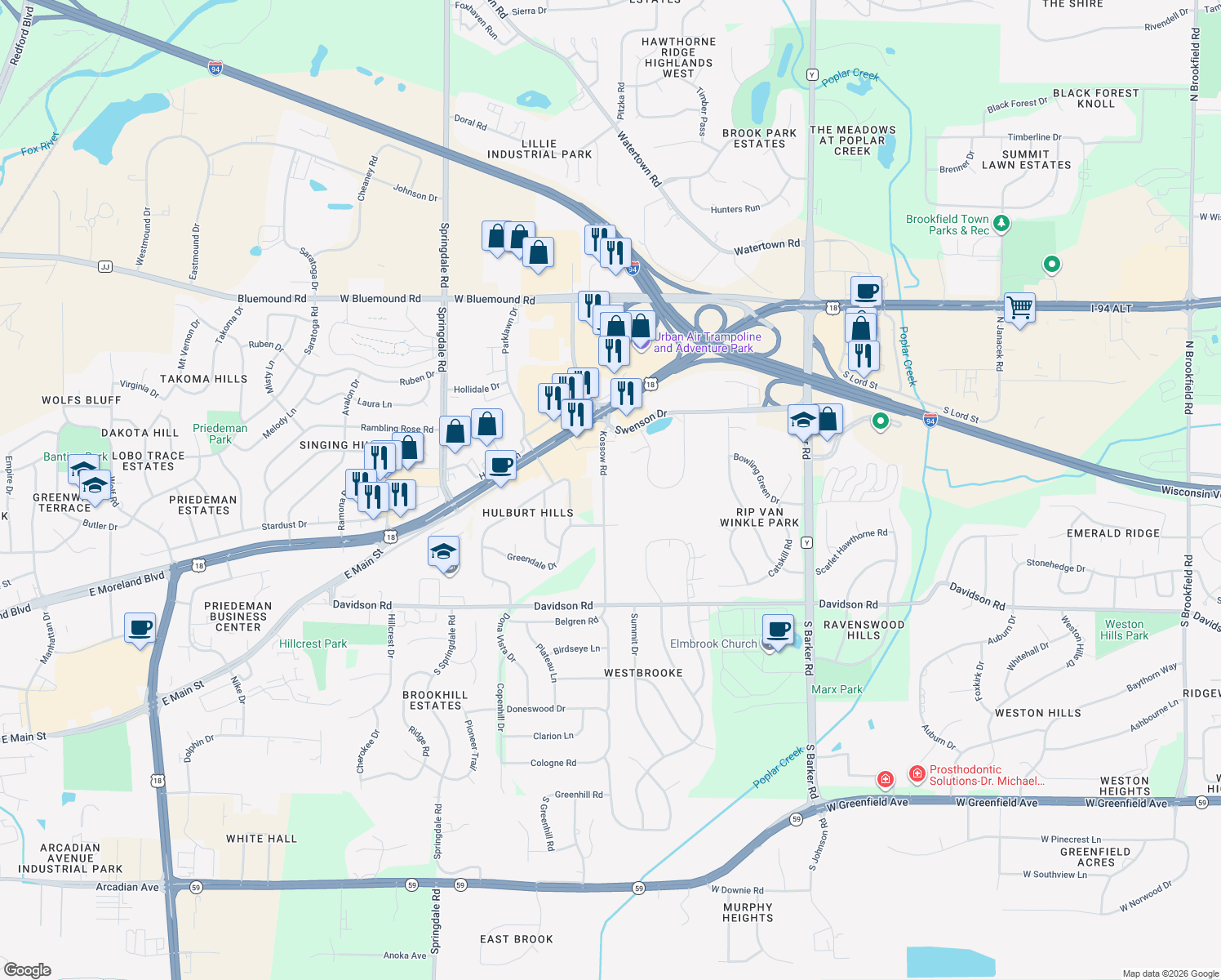 map of restaurants, bars, coffee shops, grocery stores, and more near 330 Kossow Road in Waukesha