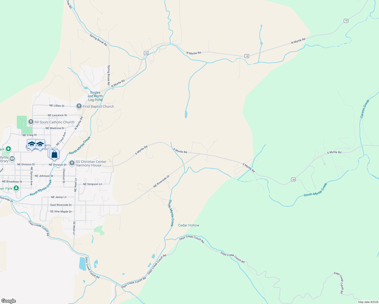 map of restaurants, bars, coffee shops, grocery stores, and more near 2066 South Myrtle Road in Myrtle Creek