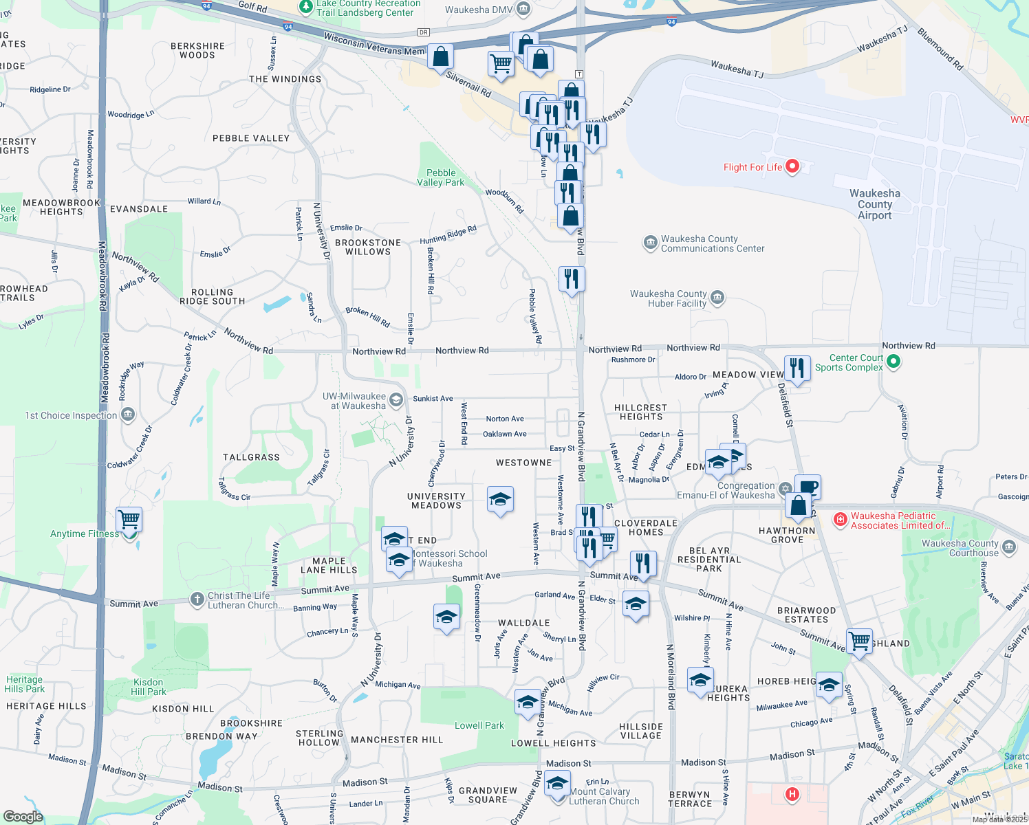 map of restaurants, bars, coffee shops, grocery stores, and more near 2024 Norton Avenue in Waukesha