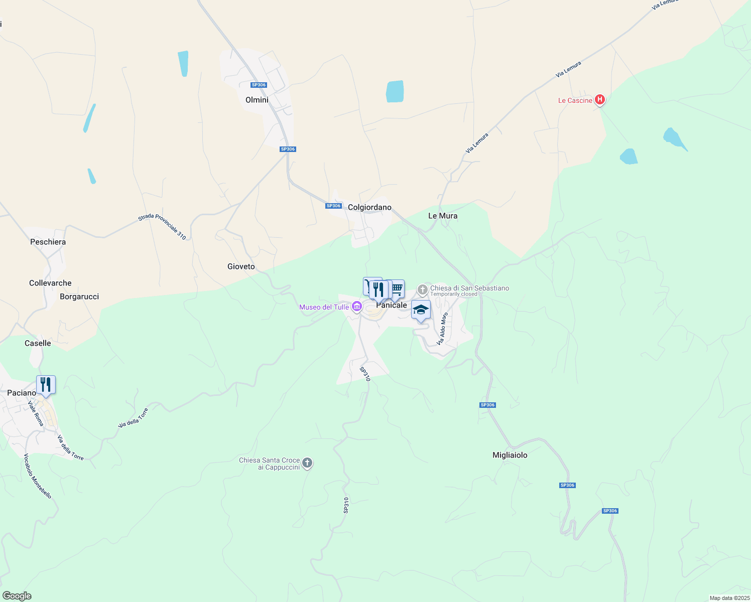 map of restaurants, bars, coffee shops, grocery stores, and more near Via Antonio Grossi in Panicale