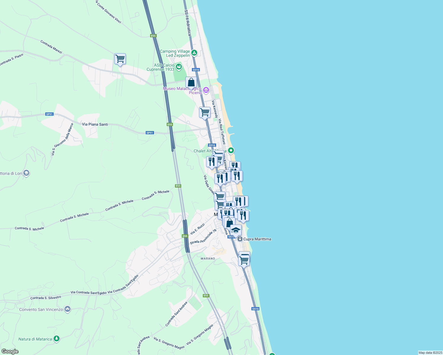 map of restaurants, bars, coffee shops, grocery stores, and more near 31 Via Kennedy in Cupra Marittima