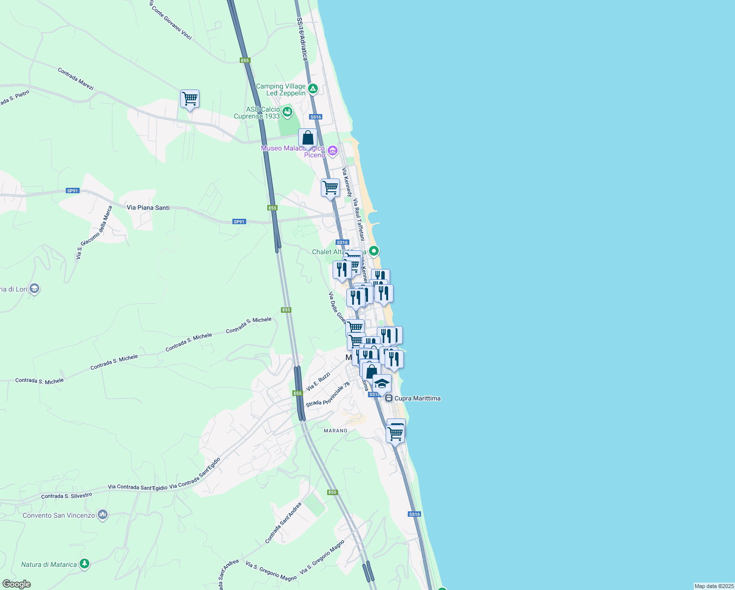 map of restaurants, bars, coffee shops, grocery stores, and more near 31 Via Kennedy in Cupra Marittima