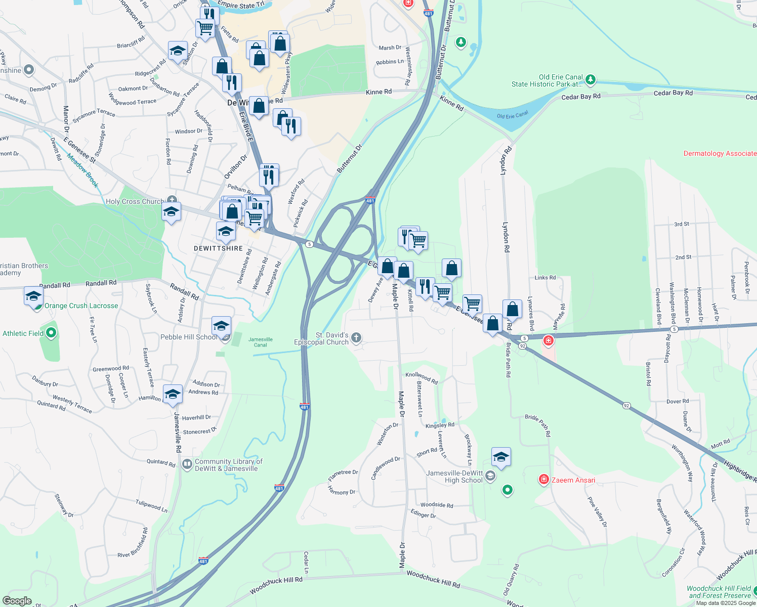 map of restaurants, bars, coffee shops, grocery stores, and more near 5305 Springwater Dr in Fayetteville