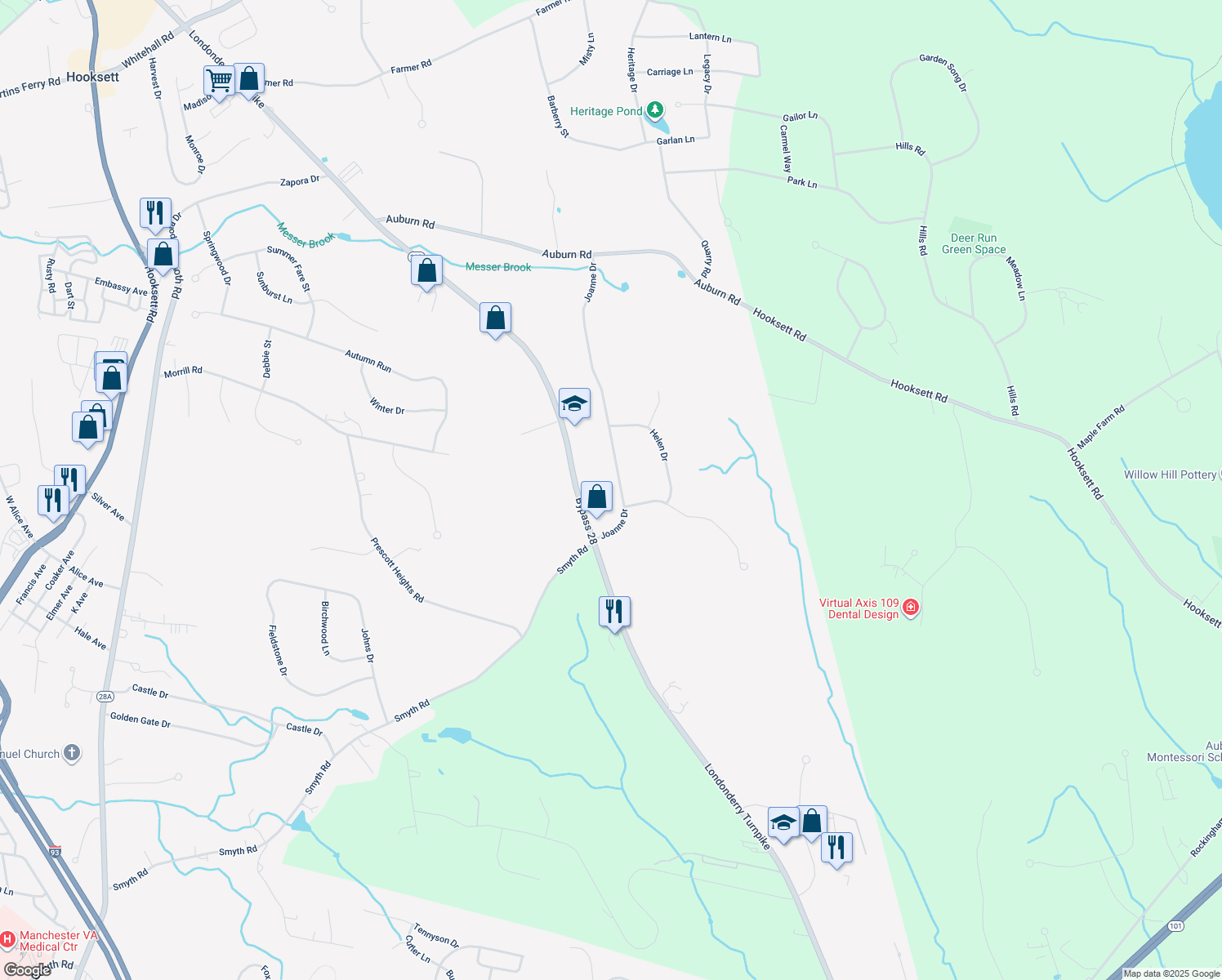 map of restaurants, bars, coffee shops, grocery stores, and more near 16 Joanne Drive in Hooksett
