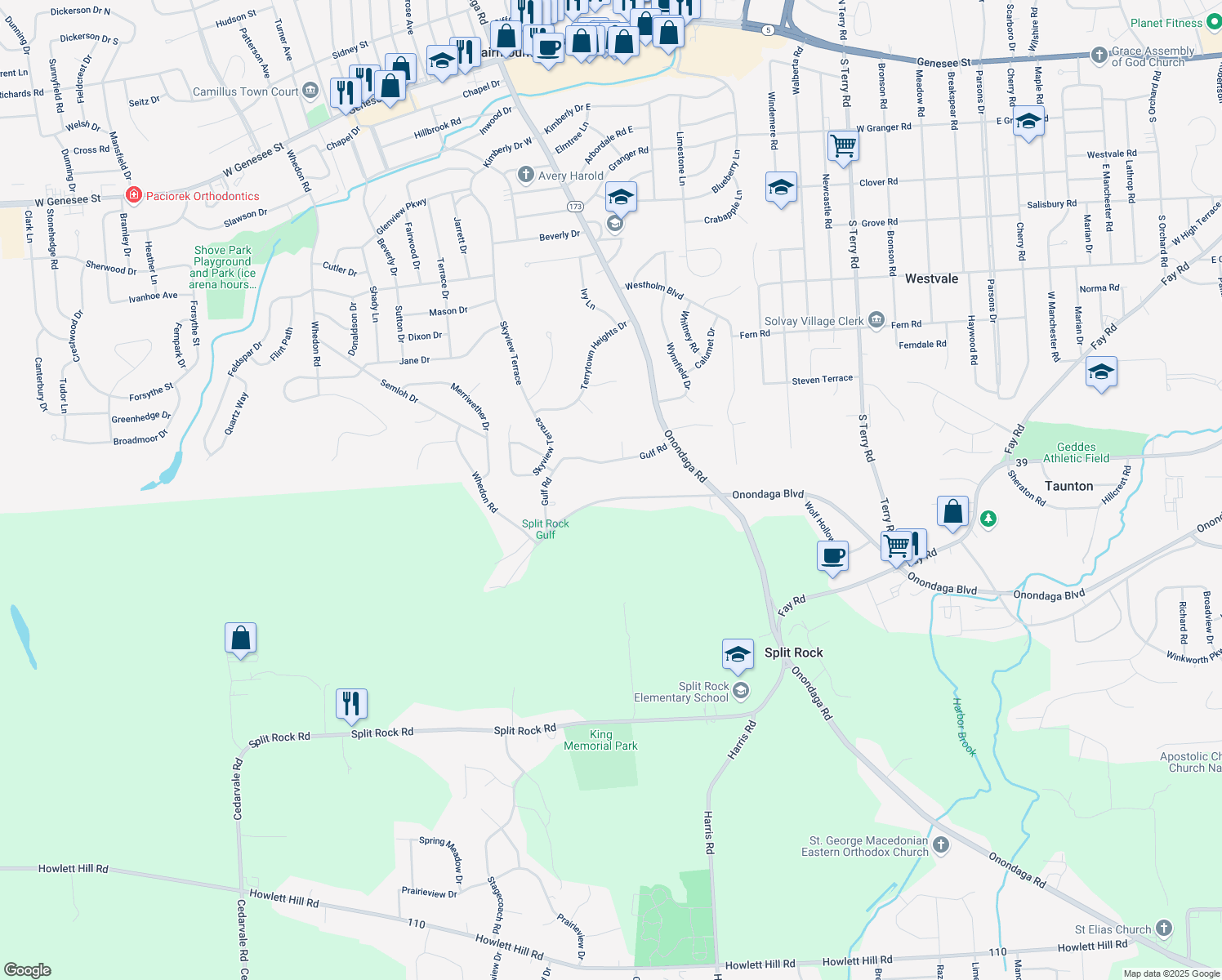 map of restaurants, bars, coffee shops, grocery stores, and more near 4071 Onondaga Boulevard in Camillus
