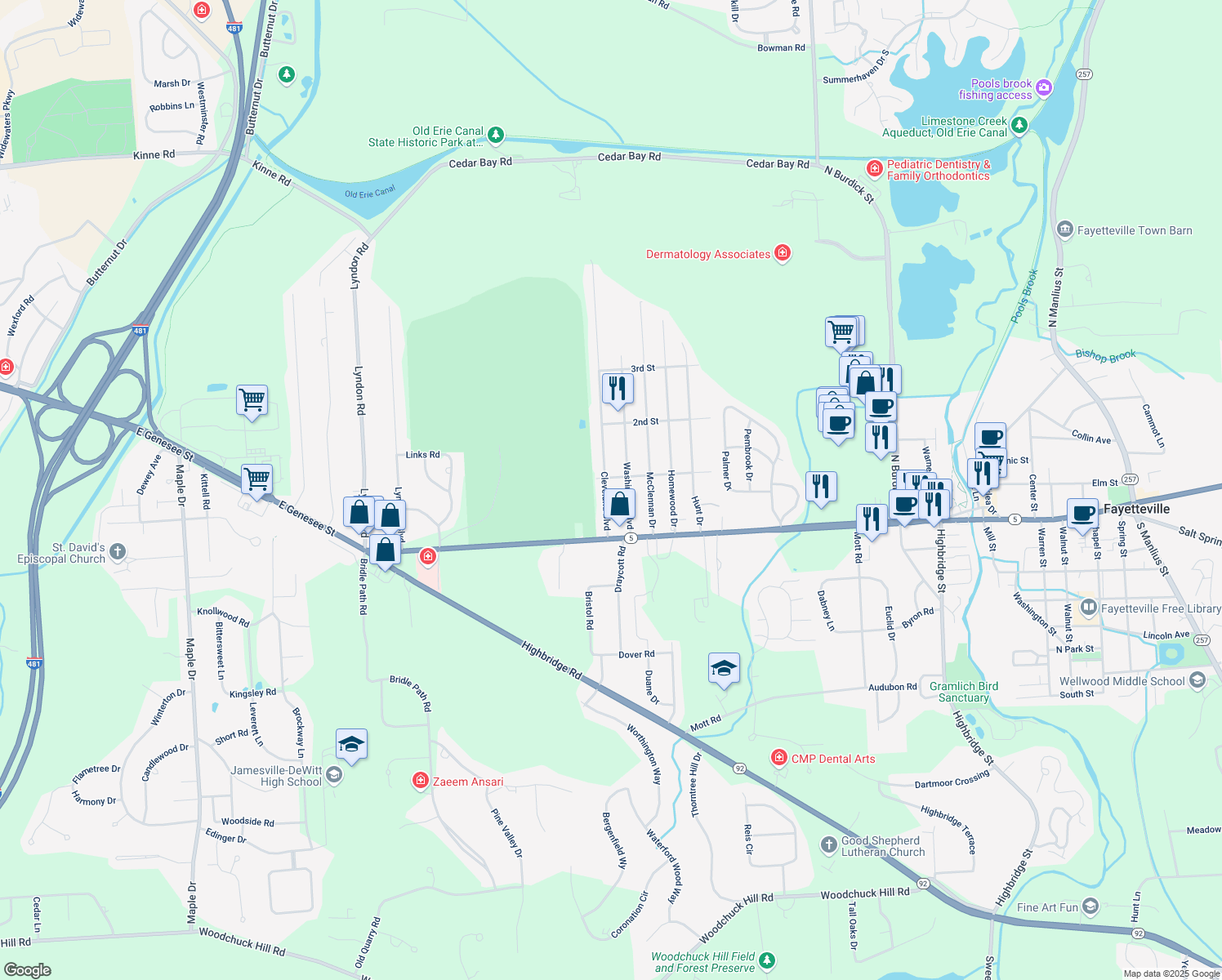 map of restaurants, bars, coffee shops, grocery stores, and more near 114 Cleveland Blvd in Fayetteville