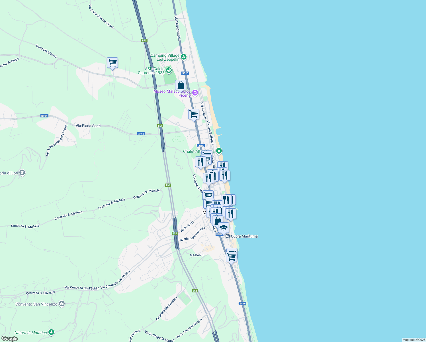 map of restaurants, bars, coffee shops, grocery stores, and more near 31 Via Kennedy in Cupra Marittima