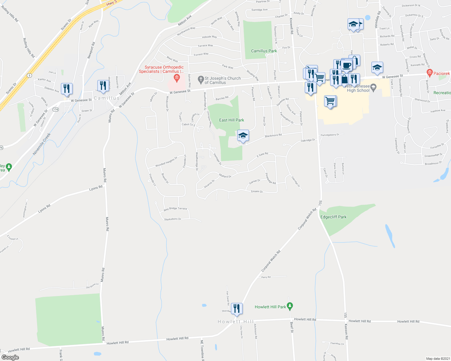map of restaurants, bars, coffee shops, grocery stores, and more near 311 Mallard Drive in Camillus