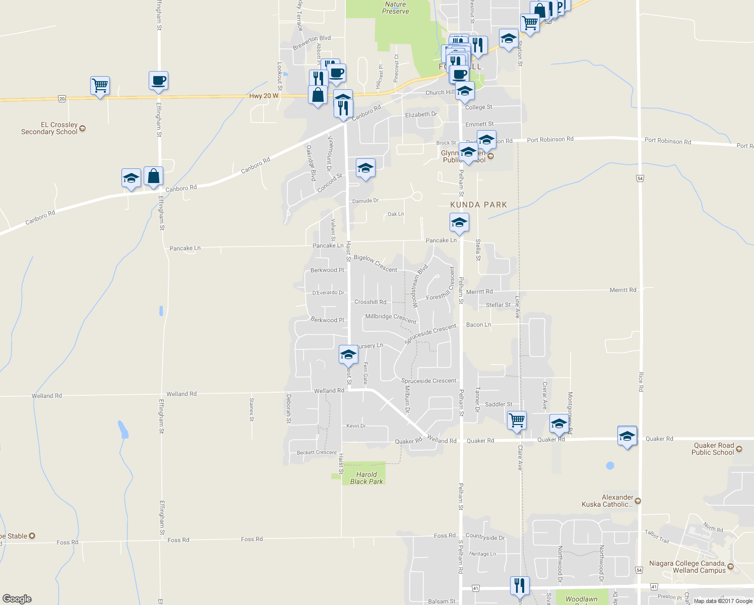 map of restaurants, bars, coffee shops, grocery stores, and more near 15 Crosshill Road in Pelham