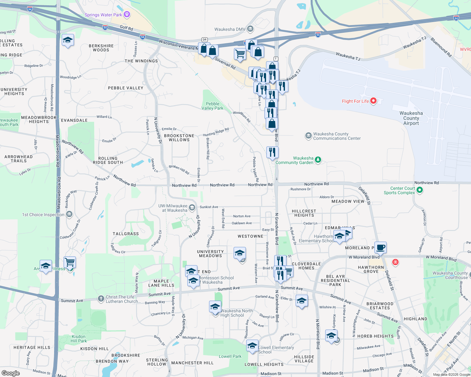 map of restaurants, bars, coffee shops, grocery stores, and more near 2201 Northview Road in Waukesha