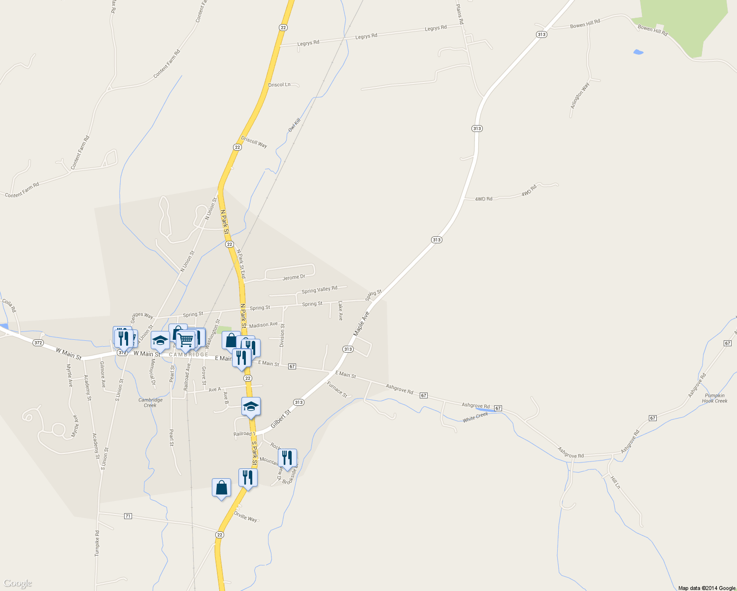 map of restaurants, bars, coffee shops, grocery stores, and more near 93 Spring Street in Cambridge