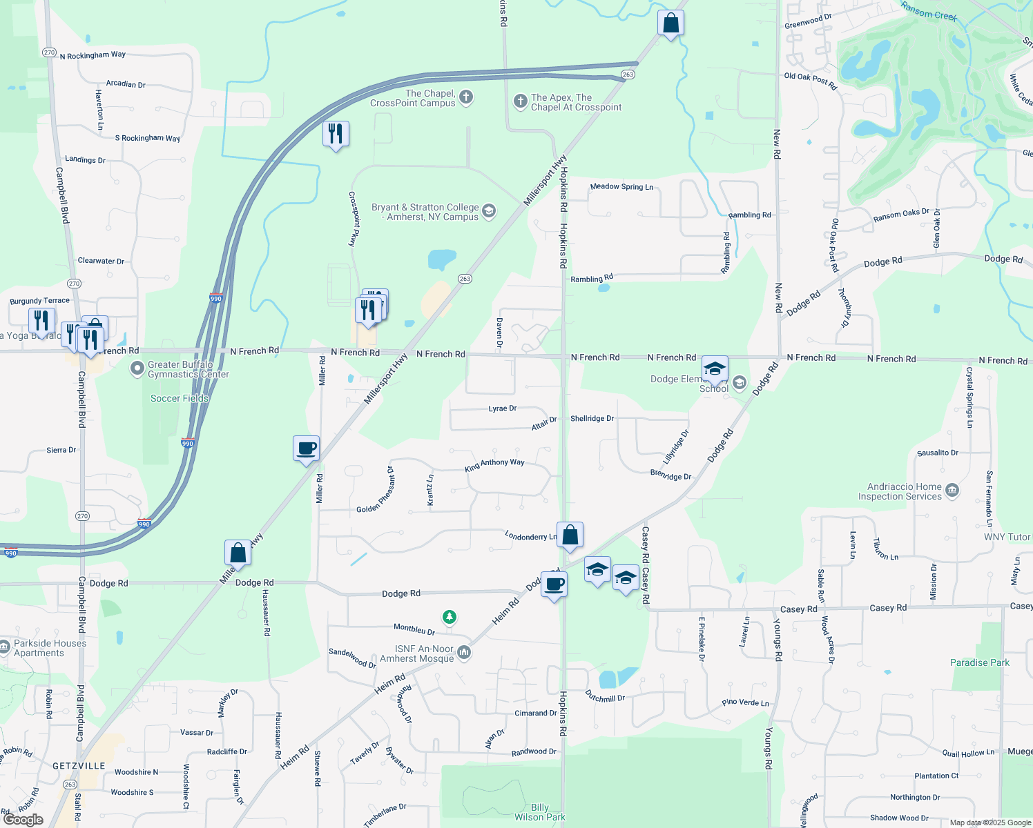 map of restaurants, bars, coffee shops, grocery stores, and more near 62 Lyrae Drive in Getzville