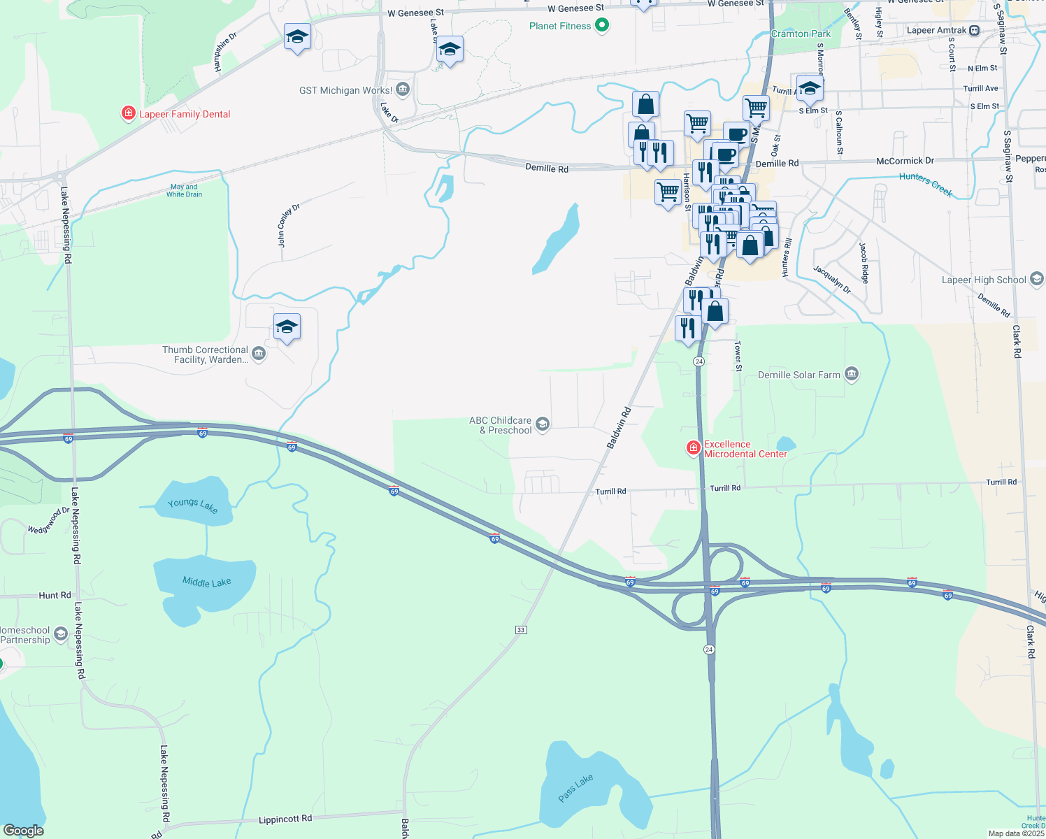 map of restaurants, bars, coffee shops, grocery stores, and more near 1174 Alice Drive in Lapeer