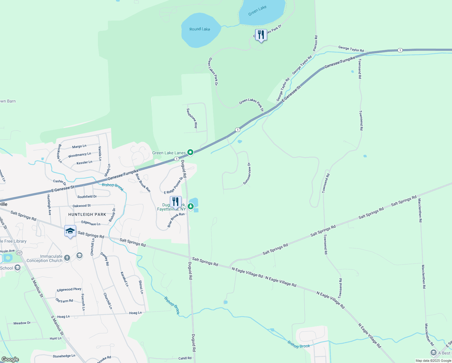 map of restaurants, bars, coffee shops, grocery stores, and more near 5405 Springview Drive in Fayetteville