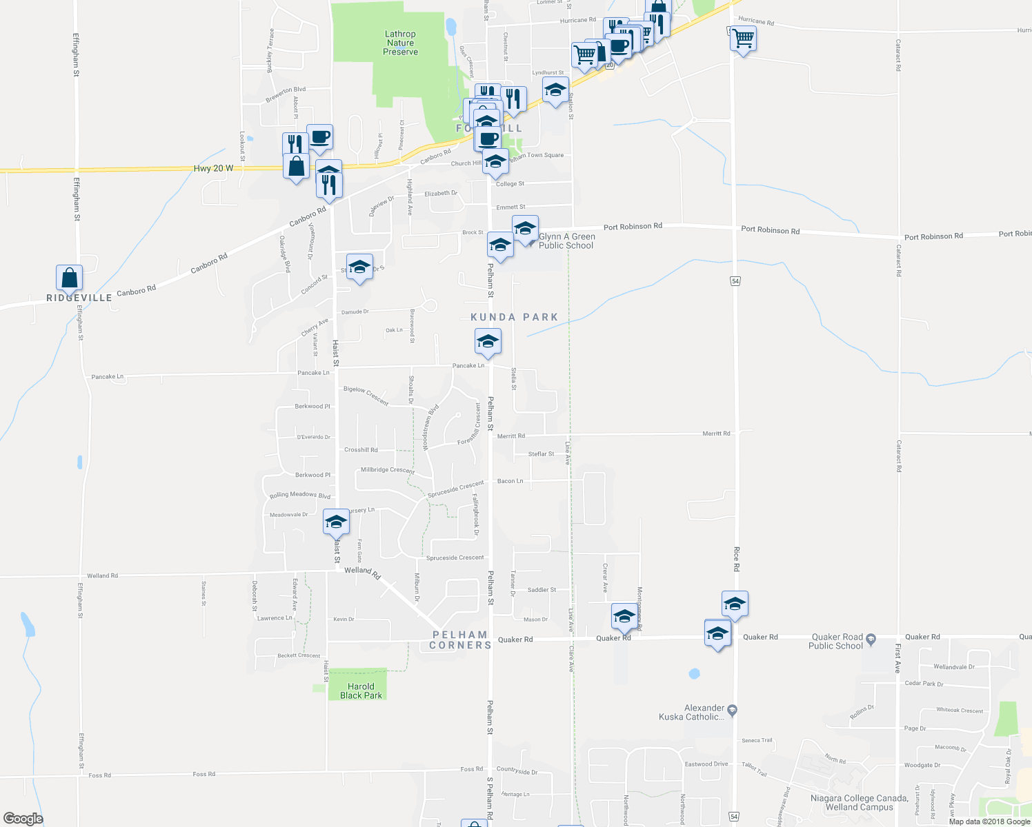 map of restaurants, bars, coffee shops, grocery stores, and more near 64 Stella Street in Pelham