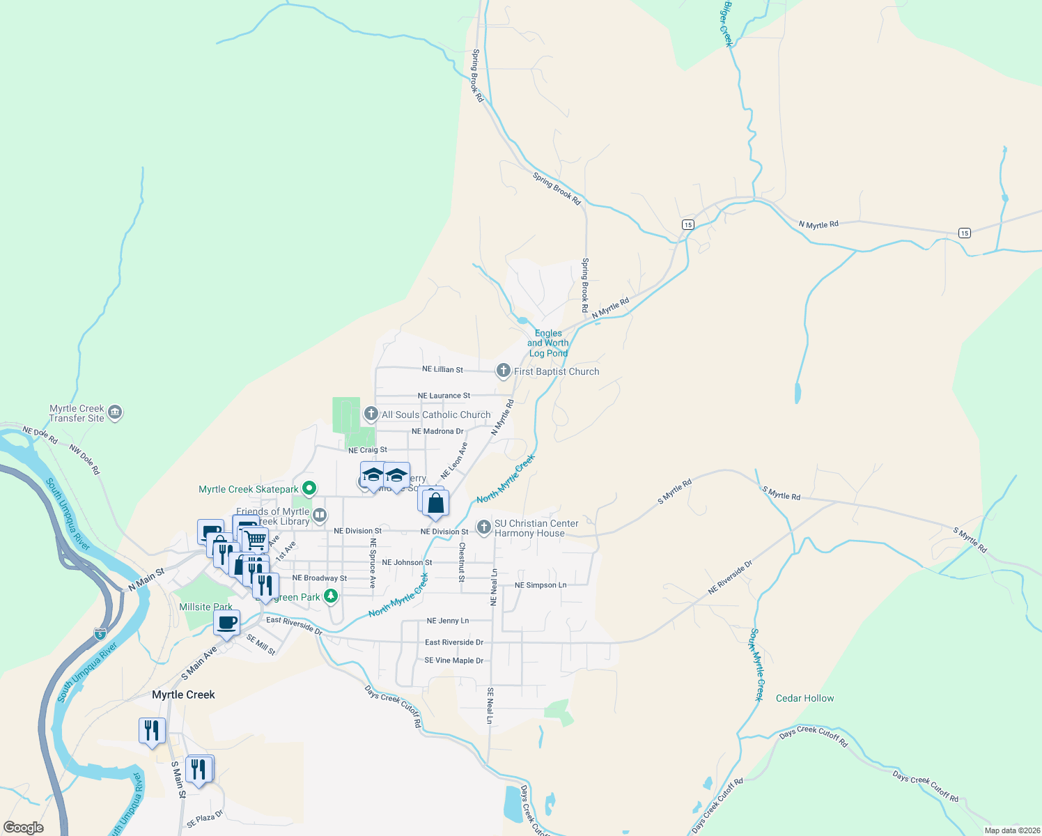 map of restaurants, bars, coffee shops, grocery stores, and more near 1239 N Myrtle Rd in Myrtle Creek