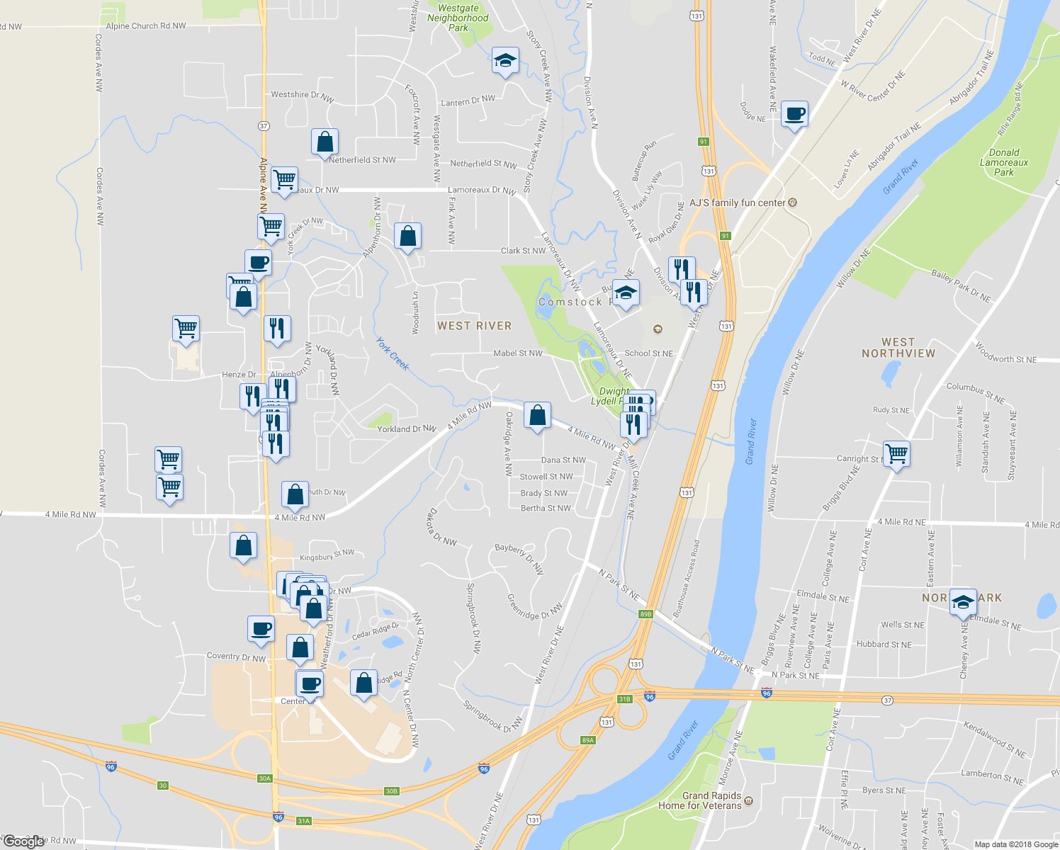 map of restaurants, bars, coffee shops, grocery stores, and more near 152 4 Mile Road Northwest in Comstock Park