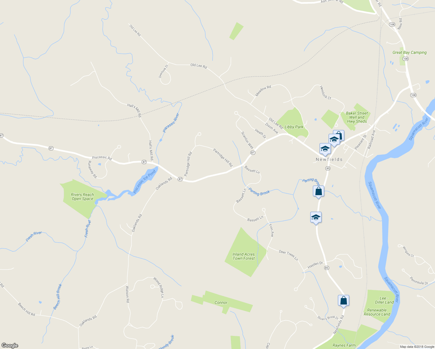 map of restaurants, bars, coffee shops, grocery stores, and more near 101 Piscassic Road in Newfields