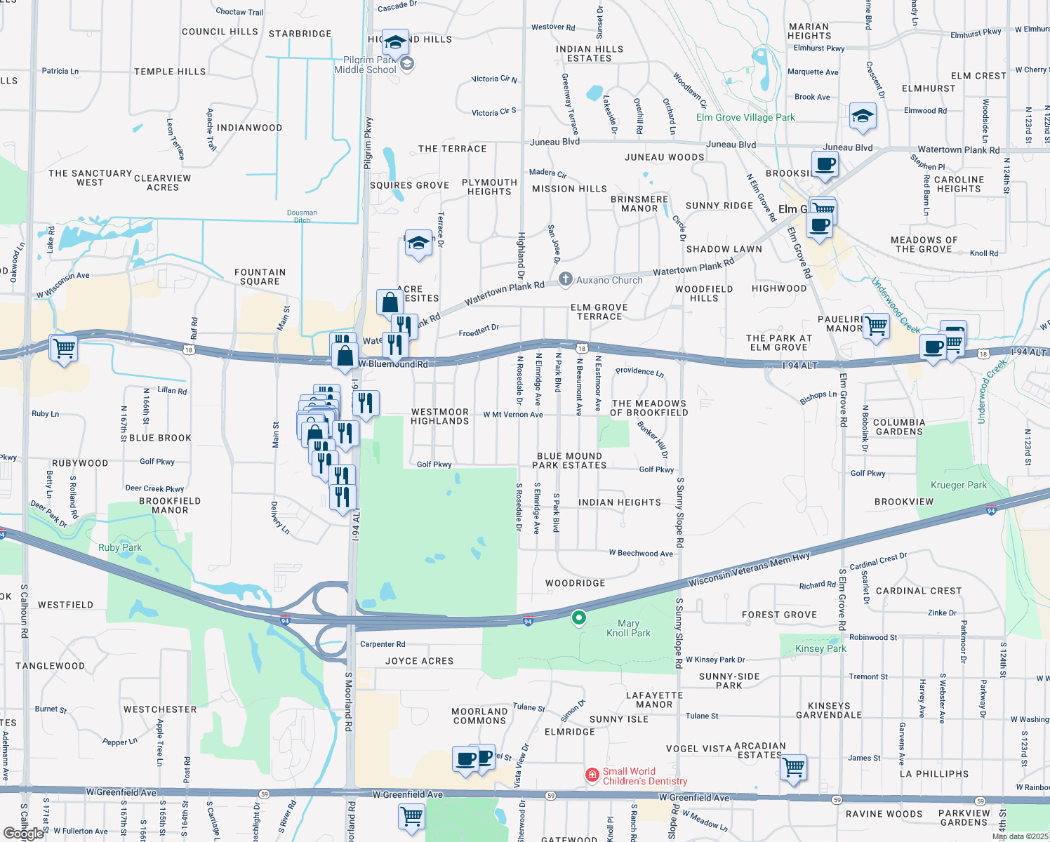 map of restaurants, bars, coffee shops, grocery stores, and more near 280 North Rosedale Drive in Brookfield