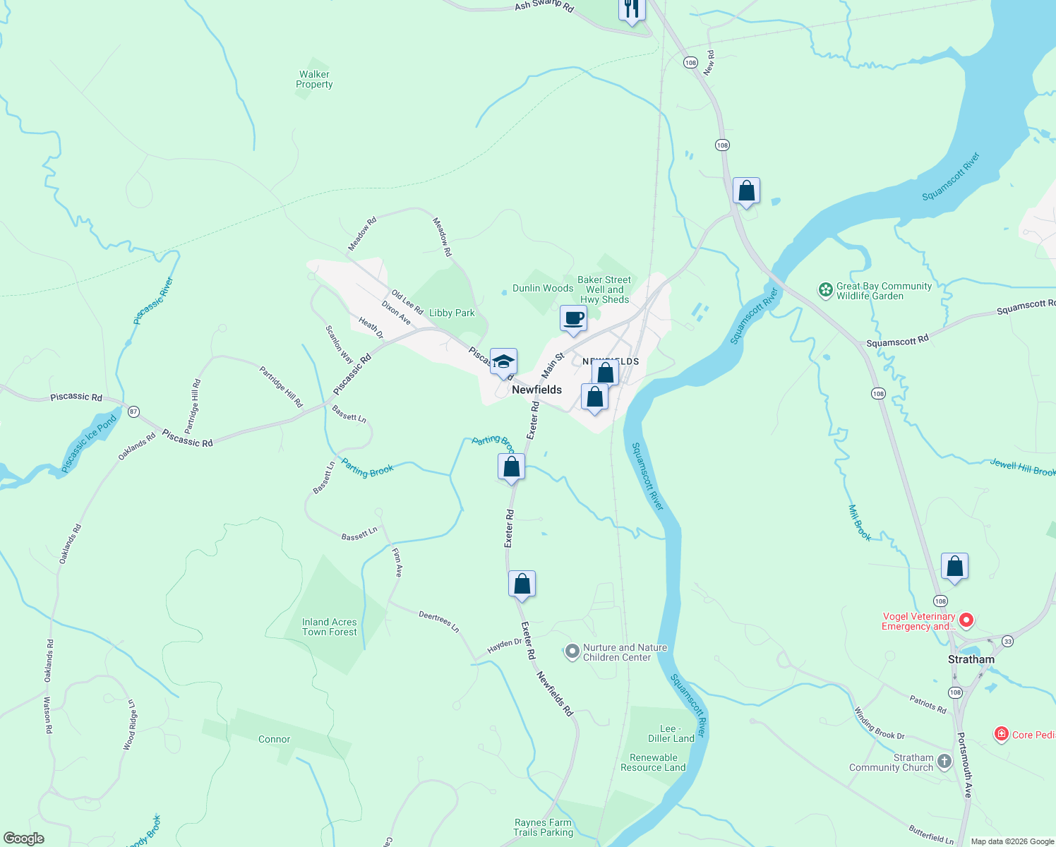 map of restaurants, bars, coffee shops, grocery stores, and more near 100 Exeter Road in Newfields