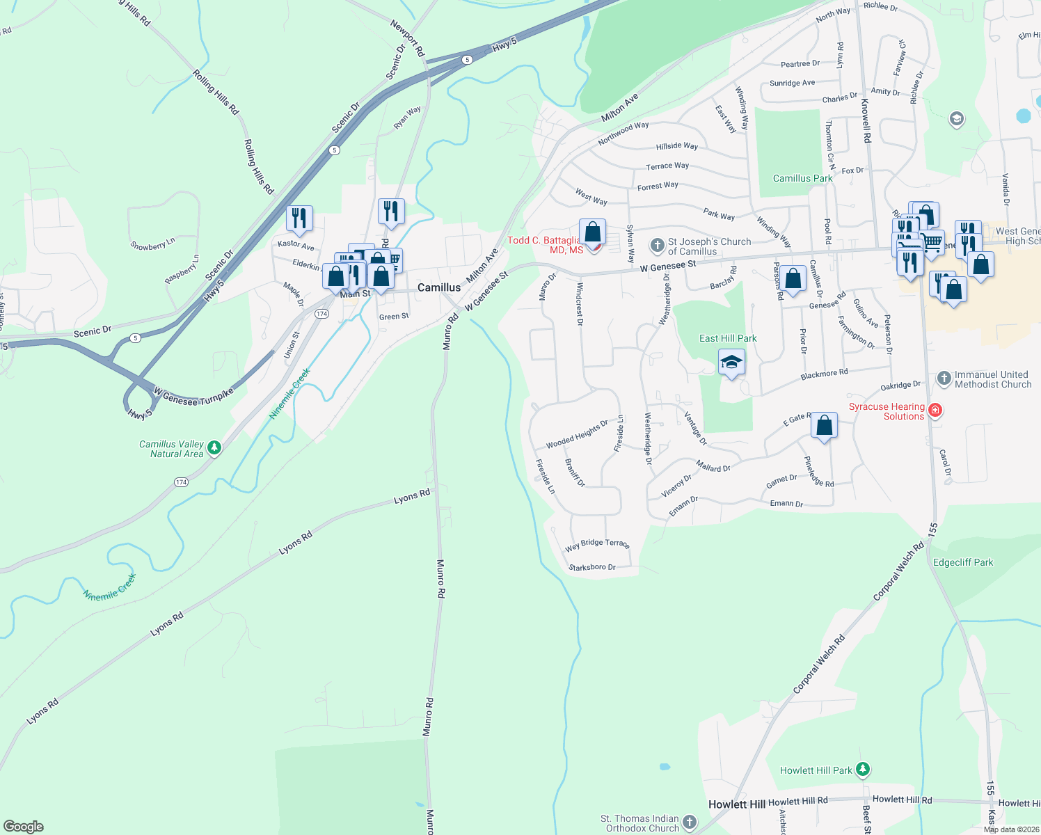 map of restaurants, bars, coffee shops, grocery stores, and more near 112 Fireside Lane in Camillus