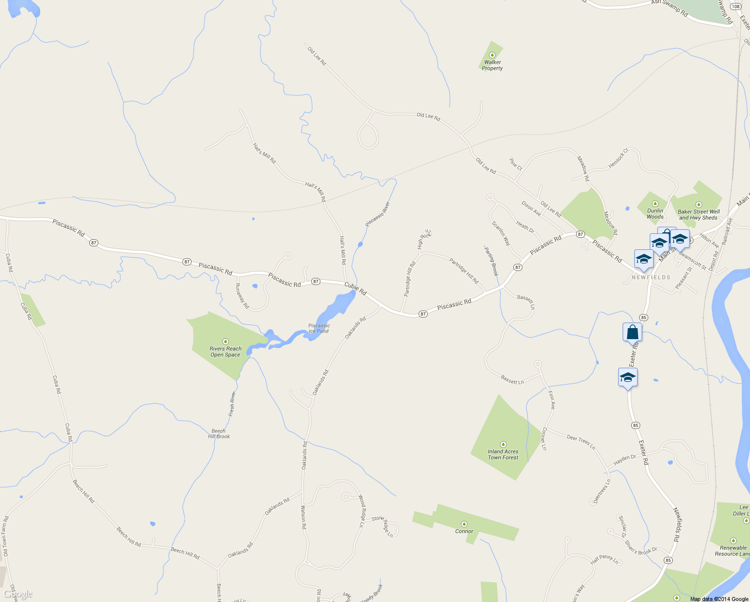 map of restaurants, bars, coffee shops, grocery stores, and more near 143 Piscassic Road in Newfields