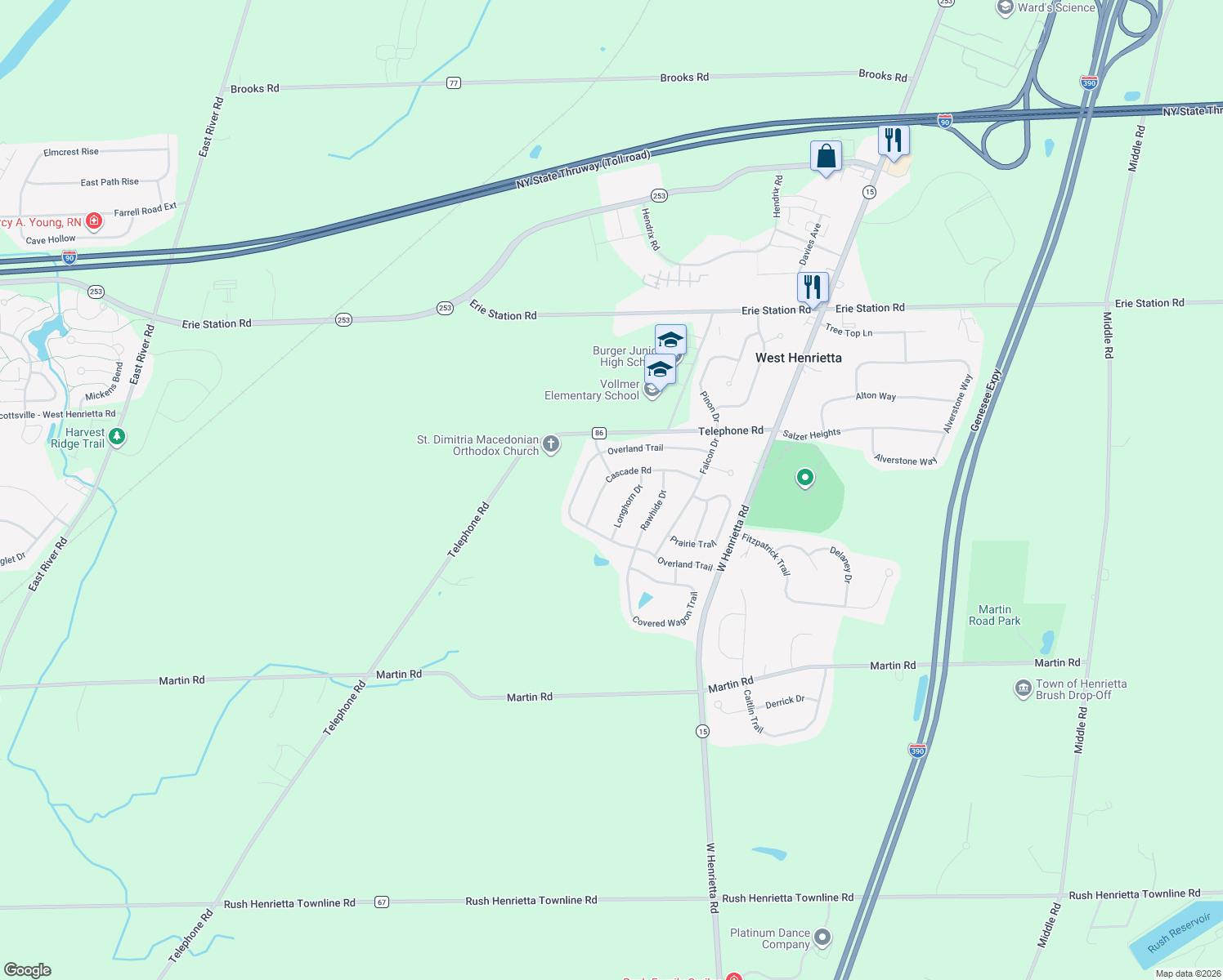 map of restaurants, bars, coffee shops, grocery stores, and more near 63 Cascade Rd in West Henrietta