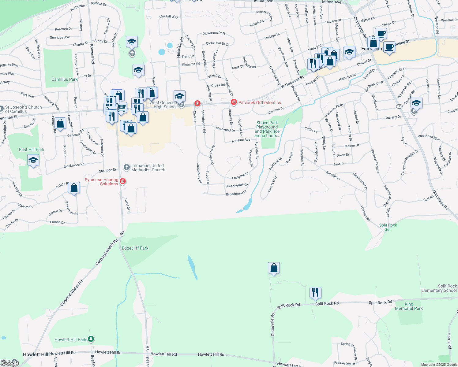 map of restaurants, bars, coffee shops, grocery stores, and more near 114 Greenhedge Dr in Camillus