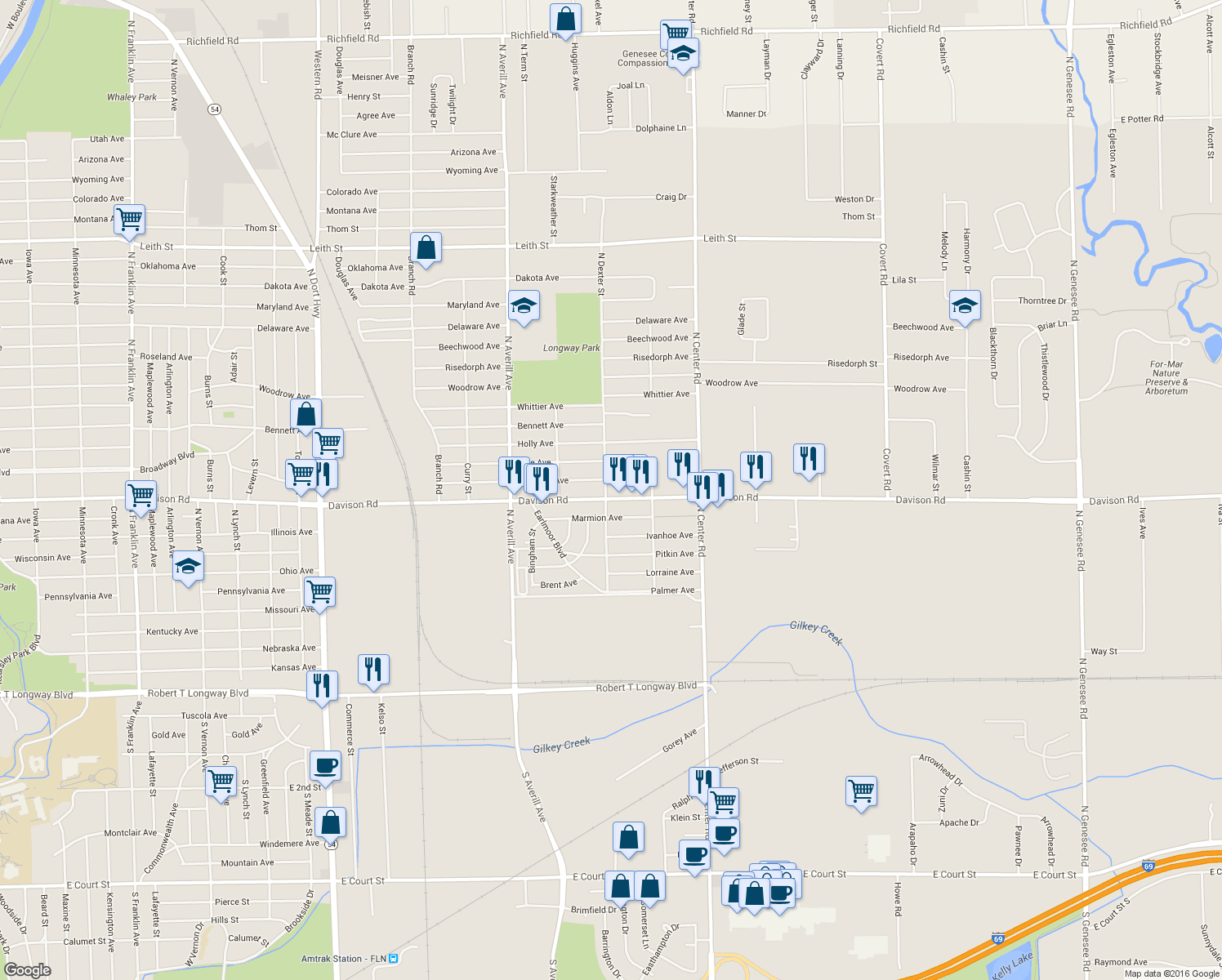 map of restaurants, bars, coffee shops, grocery stores, and more near 3707 Davison Road in Flint