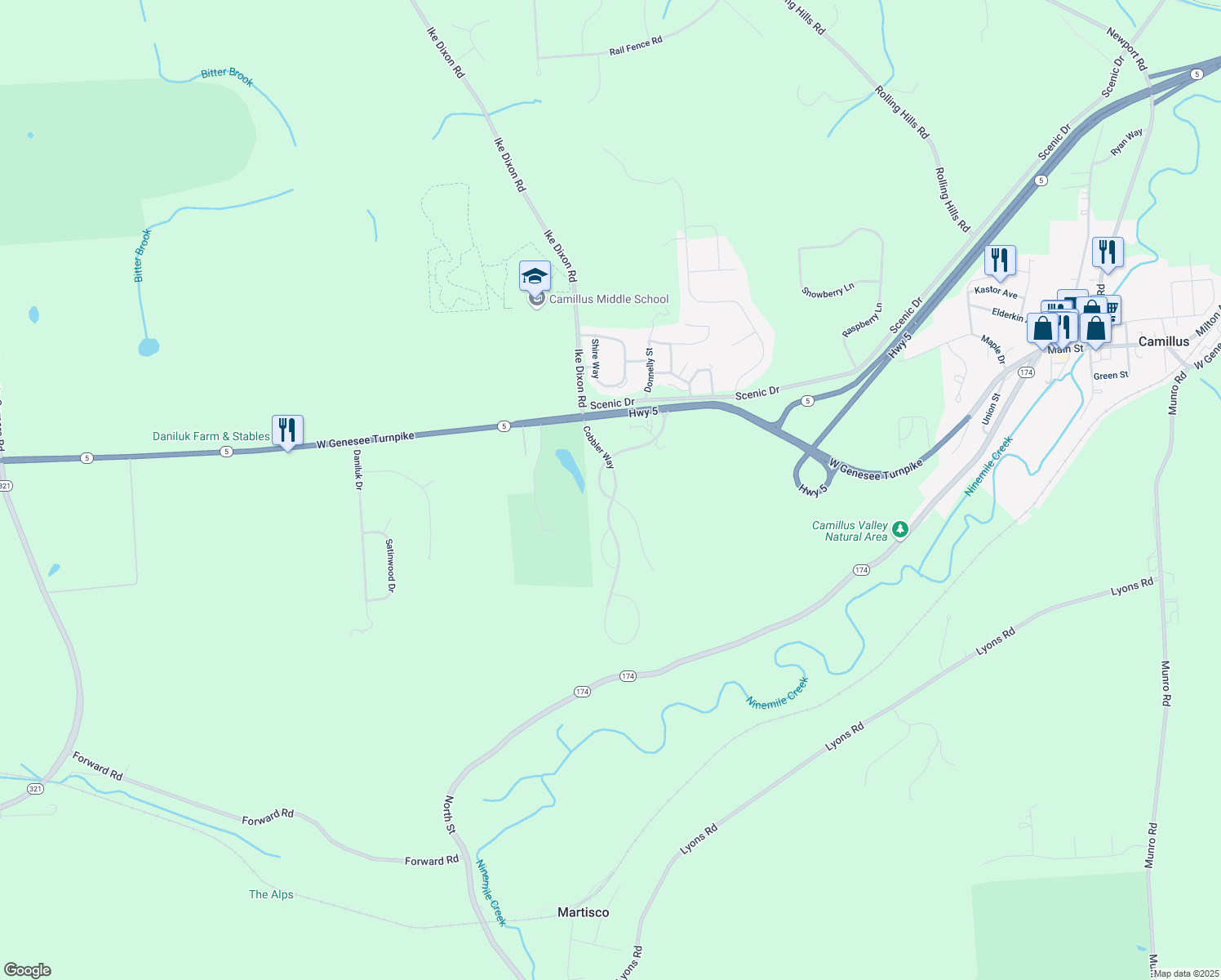map of restaurants, bars, coffee shops, grocery stores, and more near 5438 Pebble Beach Drive in Camillus