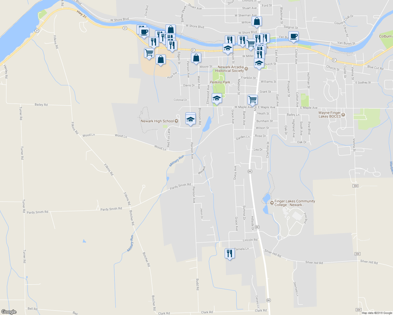 map of restaurants, bars, coffee shops, grocery stores, and more near 812 Peirson Avenue in Newark