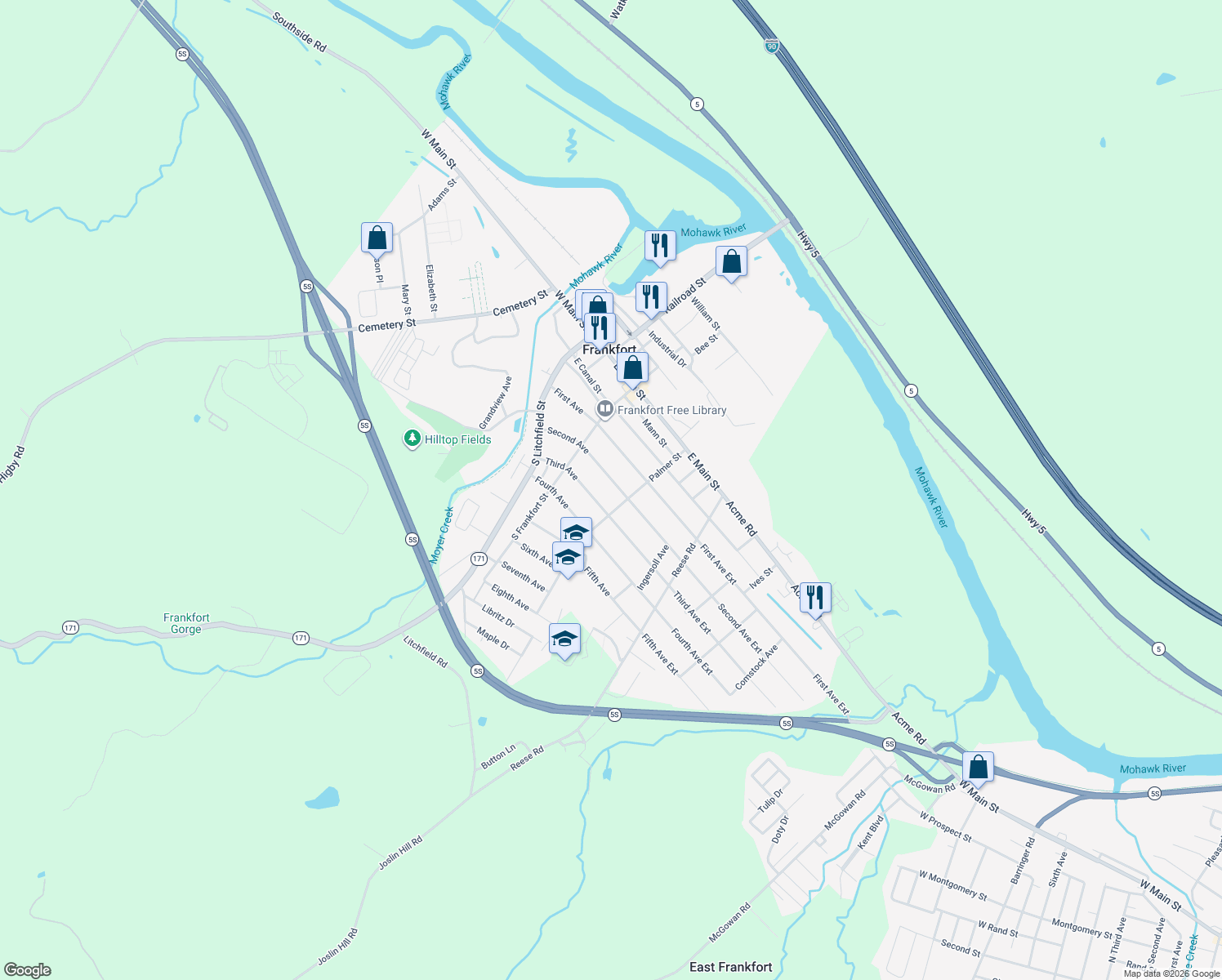 map of restaurants, bars, coffee shops, grocery stores, and more near 236 2nd Ave in Frankfort