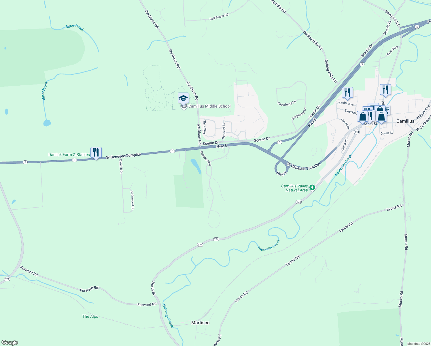map of restaurants, bars, coffee shops, grocery stores, and more near 5440 Cobbler Way in Camillus