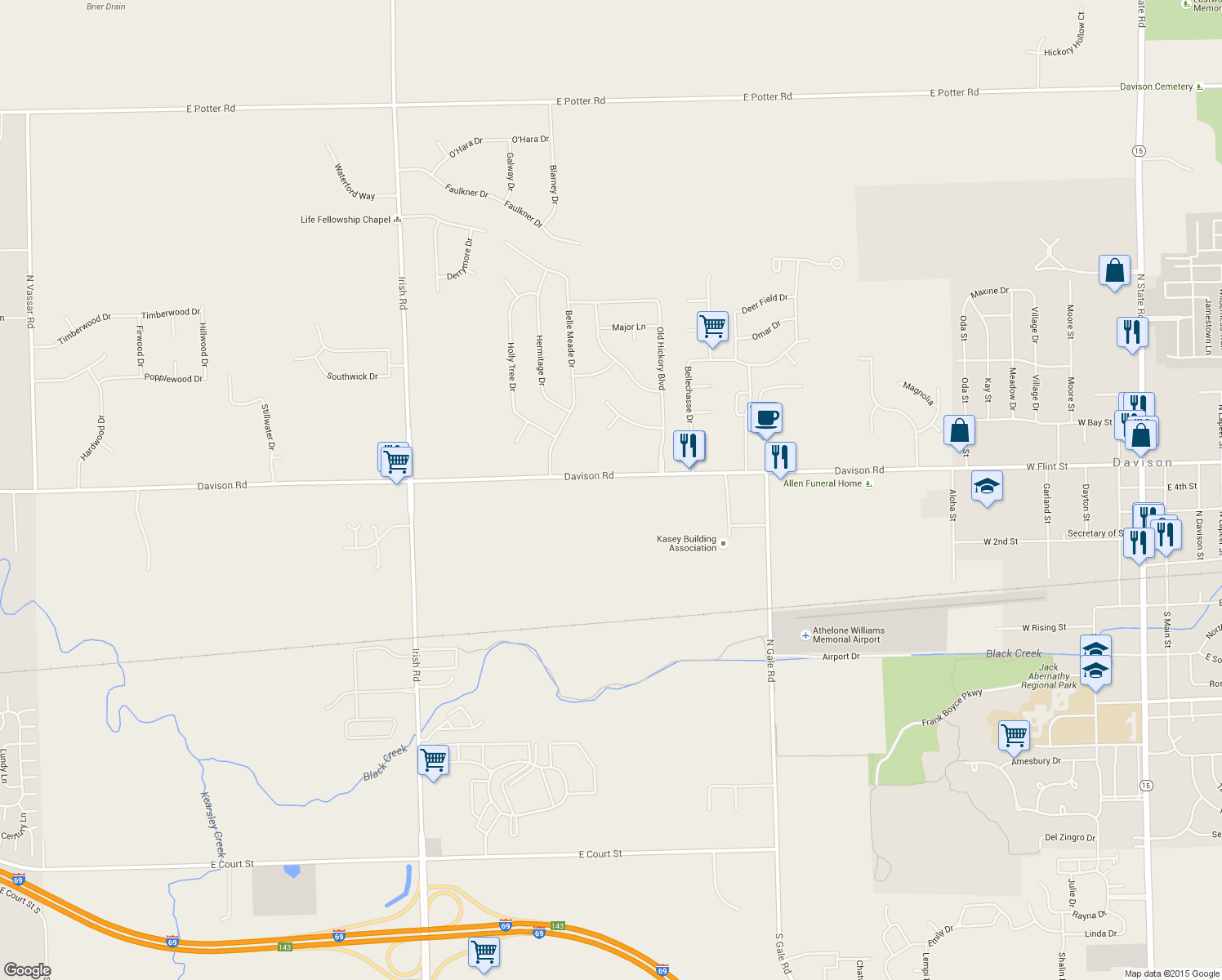 map of restaurants, bars, coffee shops, grocery stores, and more near 8280 Davison Road in Davison