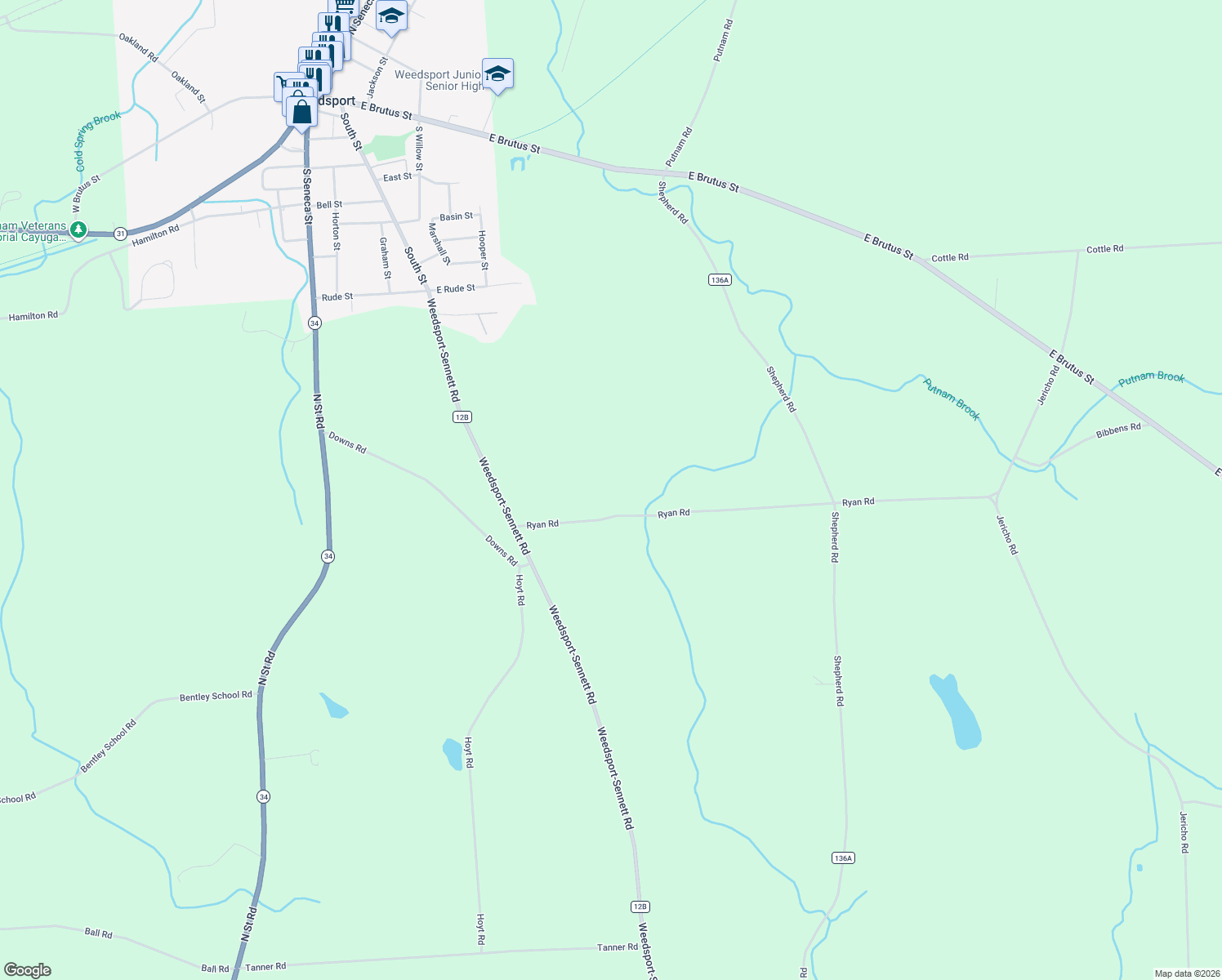 map of restaurants, bars, coffee shops, grocery stores, and more near 2917 Ryan Road in Weedsport