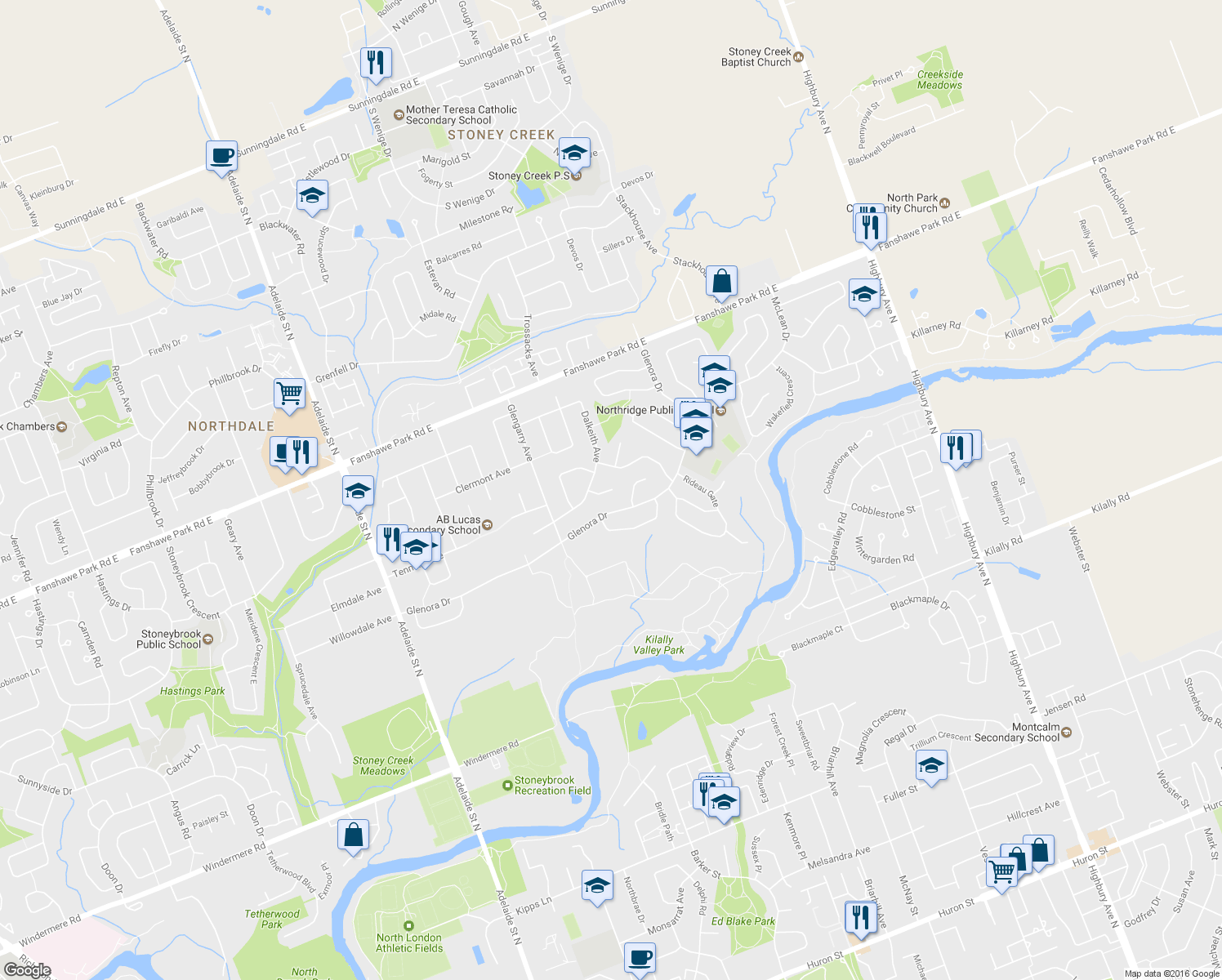 map of restaurants, bars, coffee shops, grocery stores, and more near 42 Kirkton Ct in London