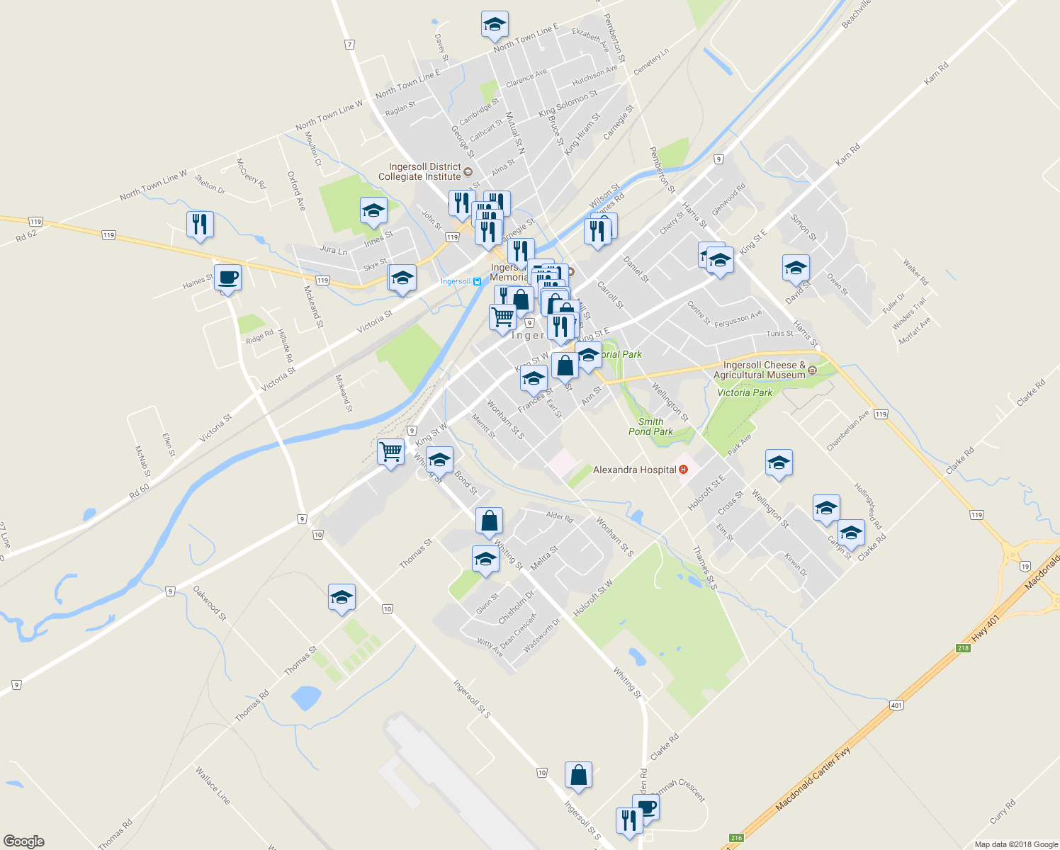 map of restaurants, bars, coffee shops, grocery stores, and more near 218 Albert Street in Ingersoll