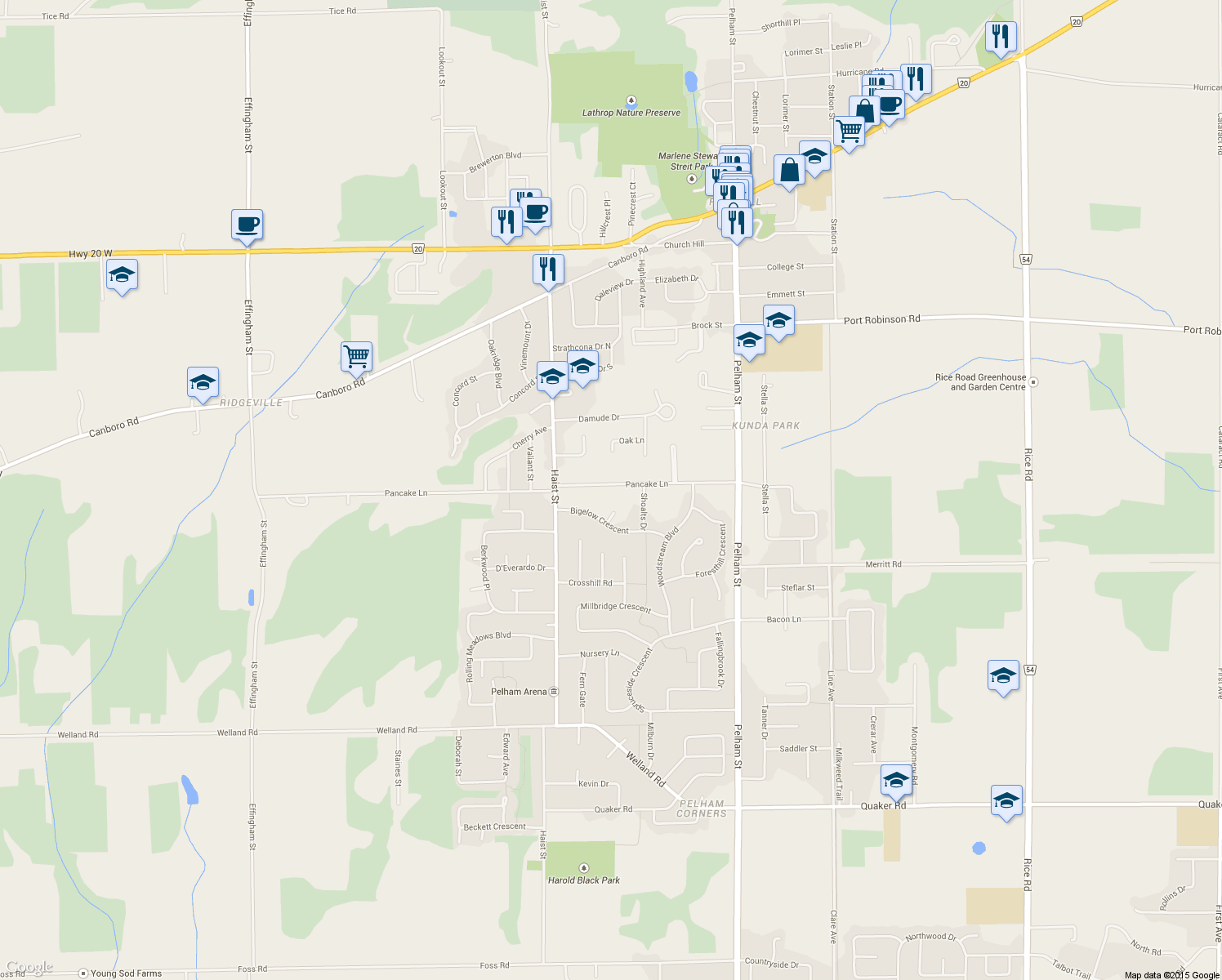 map of restaurants, bars, coffee shops, grocery stores, and more near 34 Pancake Lane in Pelham