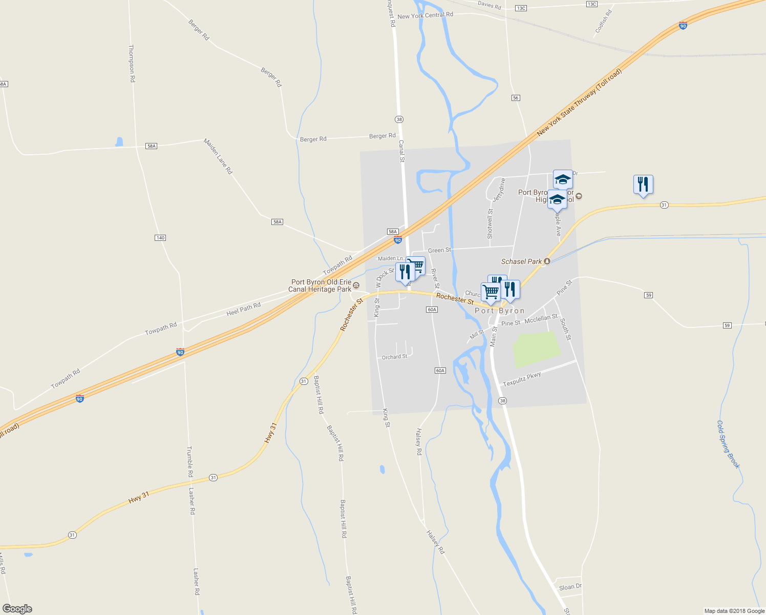 map of restaurants, bars, coffee shops, grocery stores, and more near 15 1st Hill Street in Port Byron