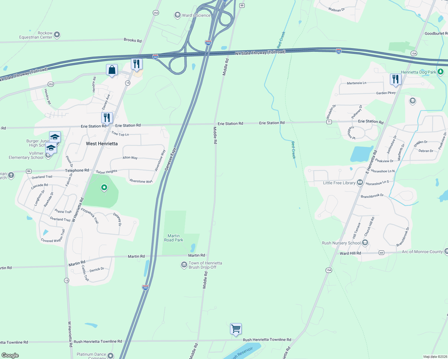 map of restaurants, bars, coffee shops, grocery stores, and more near 1026 Middle Rd in Rush